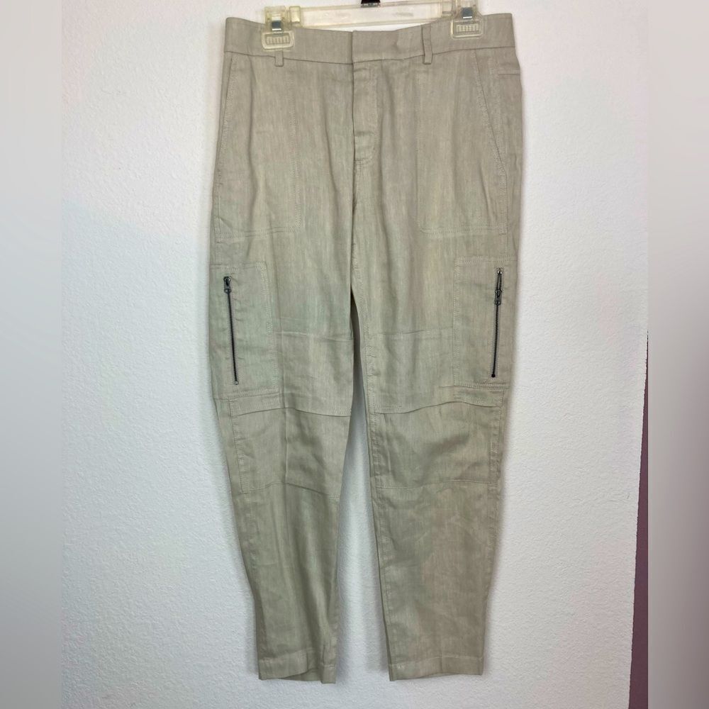 Vince Linen Blend Neutral High Waist Tapered Cargo Pants w/ zippers